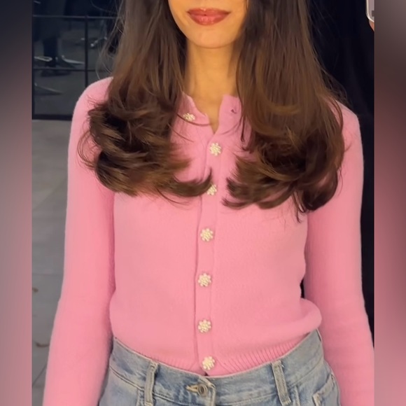 Zara PINK CARDIGAN WITH FAUX PEARL BUTTONS - Picture 12 of 14